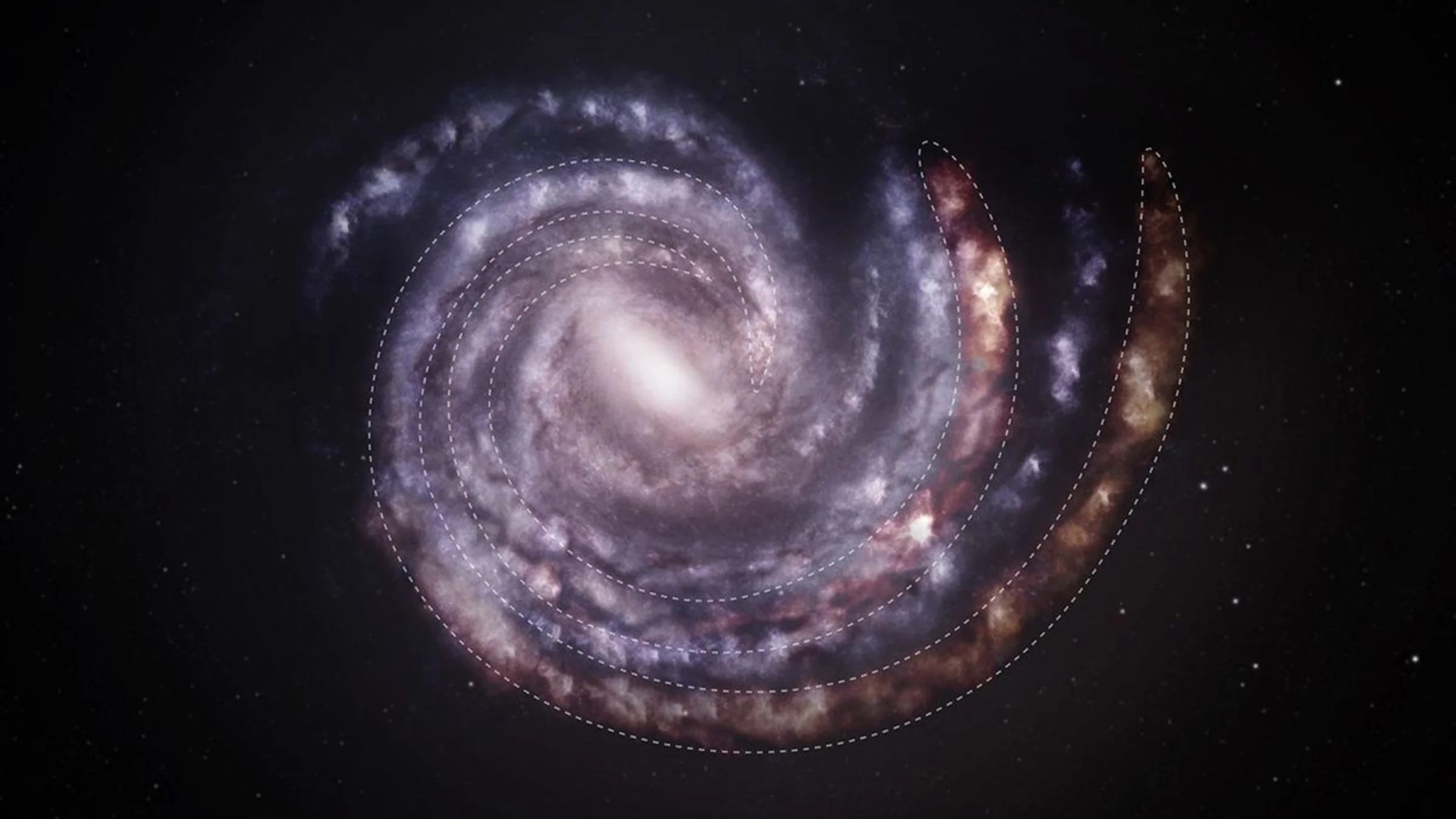 An illustration of the Milky Way in purple with the new locations of two of its largest arms in red