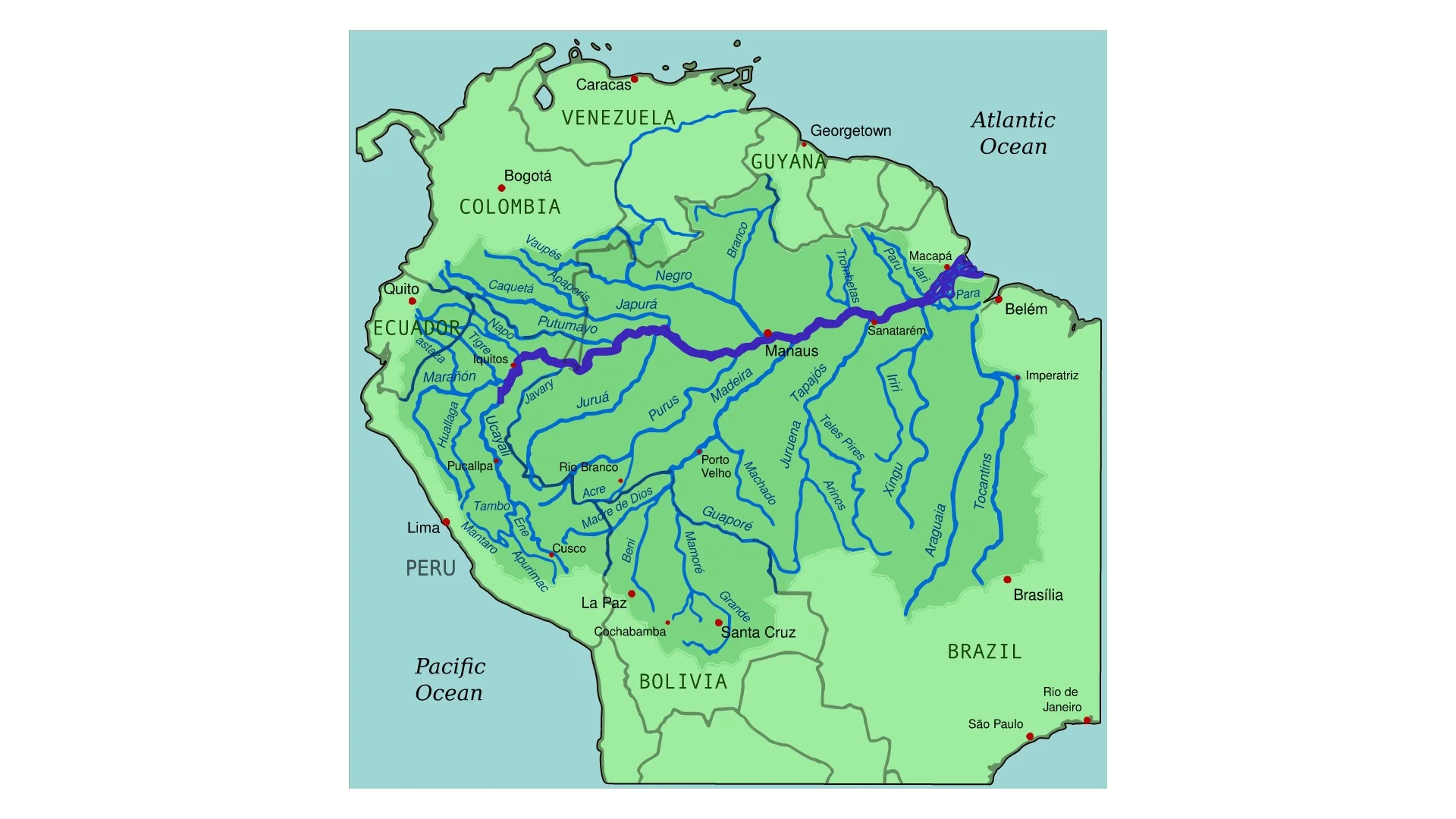 Map of the Amazon River drainage basin with the Amazon River highlighted.